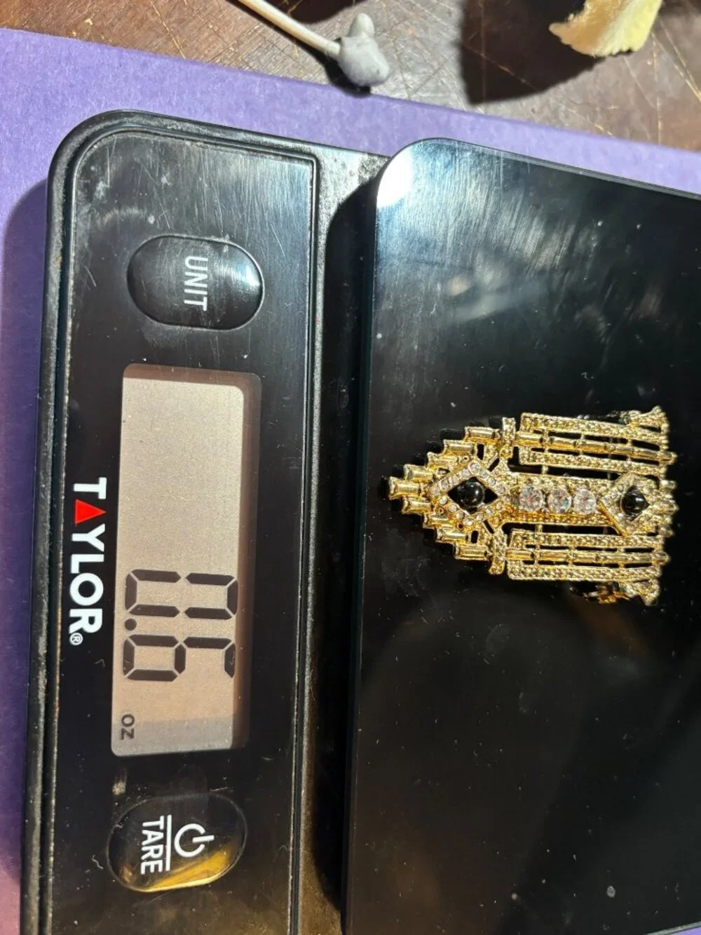 Art Deco Gold Brooch Pin With Black & Clear Rhinestones Vintage Statement Gift